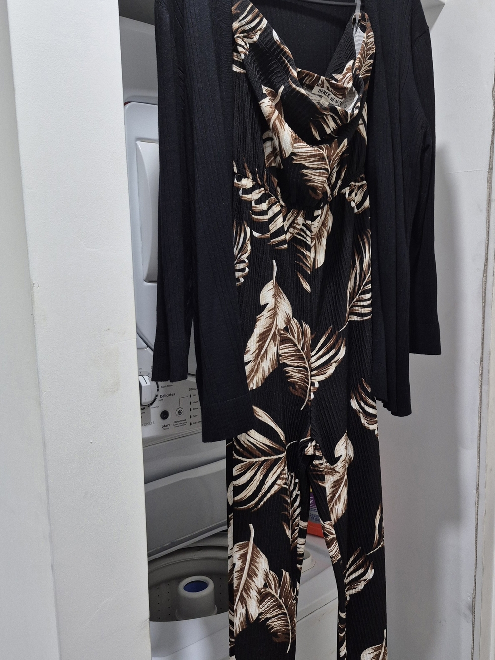Women's Black Tropical-Leaf Jumpsuit with Cardigan